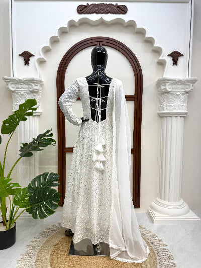 White Thread Embroidered Georgette Anarkali Suit