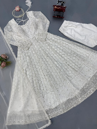 White Thread Embroidered Georgette Anarkali Suit