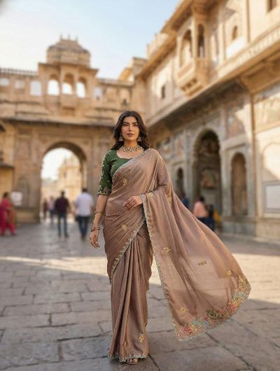 Rangoli Silk Saree Free Stitched Blouse ivory beige embroidered gold sari with green blouse 