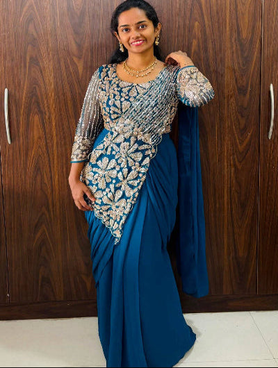 Ready to Wear Pre-Draped Georgette Saree with Embroidered Blouse | One Minute Pre-Stitched SarIteal blue 