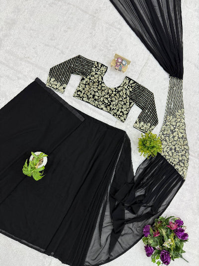 Ready to Wear Pre-Draped Georgette Saree with Embroidered Blouse | One Minute Pre-Stitched SarI black 