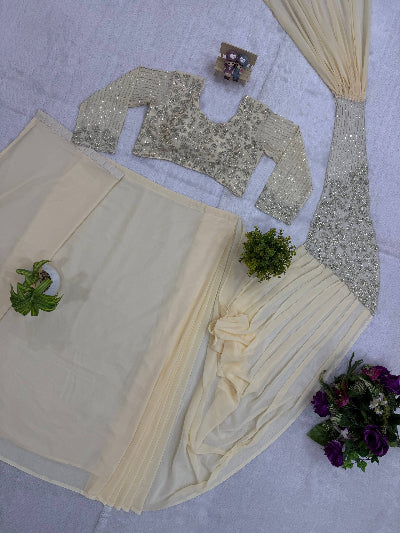 Ready to Wear Pre-Draped Georgette Saree with Embroidered Blouse | One Minute Pre-Stitched SarI cream 