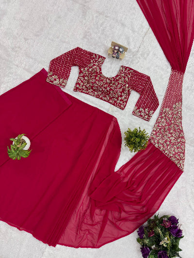 Ready to Wear Pre-Draped Georgette Saree with Embroidered Blouse | One Minute Pre-Stitched SarI  dark pink 