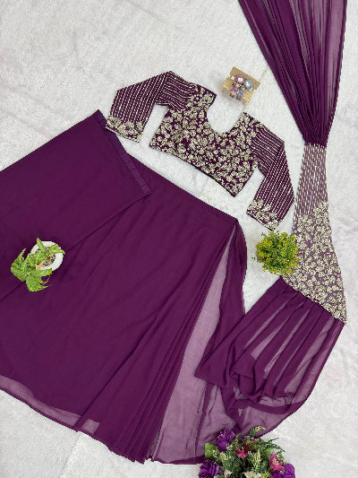 Ready to Wear Pre-Draped Georgette Saree with Embroidered Blouse | One Minute Pre-Stitched SarIburgandy 
