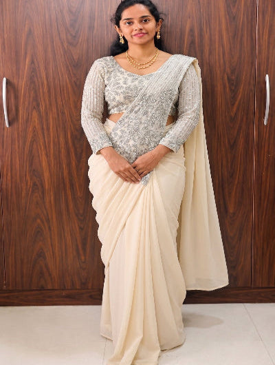 Ready to Wear Pre-Draped Georgette Saree with Embroidered Blouse | One Minute Pre-Stitched SarIcream offwhite beige 