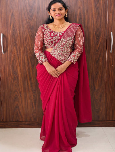 Ready to Wear Pre-Draped Georgette Saree with Embroidered Blouse | One Minute Pre-Stitched SarI dark pink 