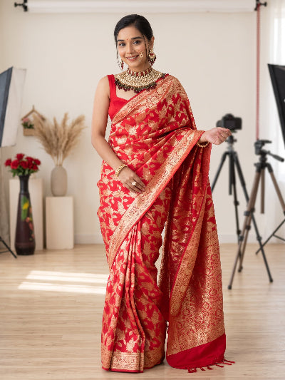 A woman modeling a red and gold floral silk saree in a studio setting with visible lighting equipment and backdrop stands in the background.