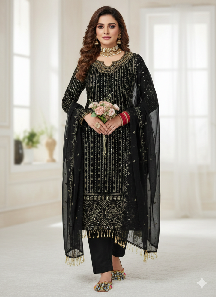 Royal Black Sequins Mirror Work Partywear Straight Suit