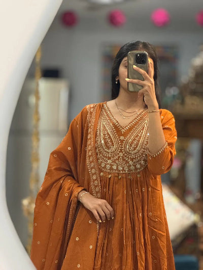 Rusty Orange ALine Flare Cotton Salwar suit