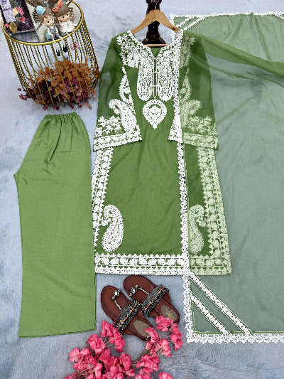 Green Organza Silk Straight Suit with Palazzo &amp; Dupatta