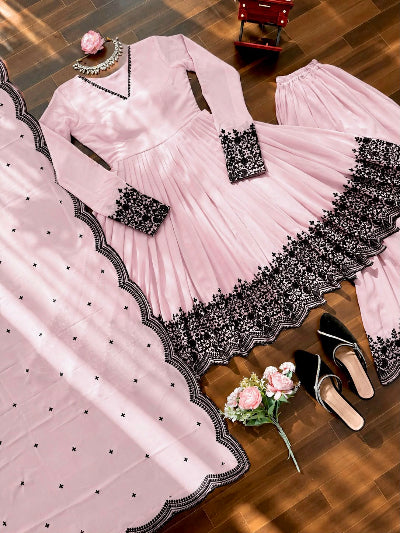 Baby Pink Georgette Embroidery Work Anarkali Palazzo Suit