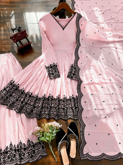 Baby Pink Georgette Embroidery Work Anarkali Palazzo Suit