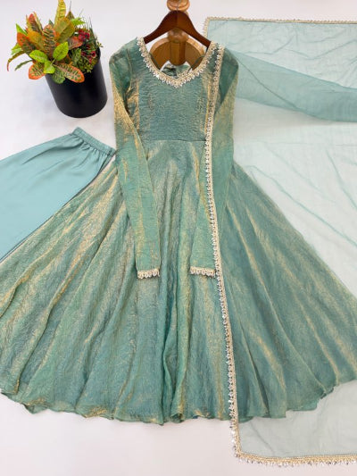 Sage Green Mirror Work Anarkali Suit for Women | Asian Ethnic Wear UK