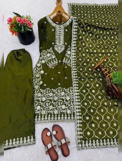 Olive Green Tissue Silk Embroidery Straight Suit