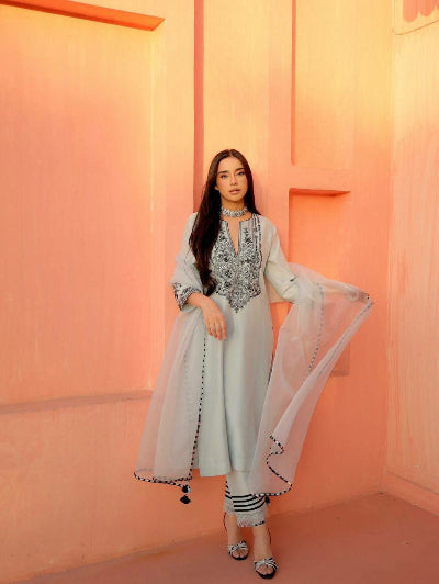 Sage Green Embroidered Anarkali Salwar Suit with Dupatta for Women UK4