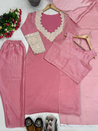 Gulabi Blush Pink Fendy Silk Straight Suit Set