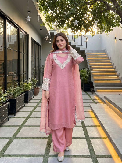 Gulabi Blush Pink Fendy Silk Straight Suit Set
