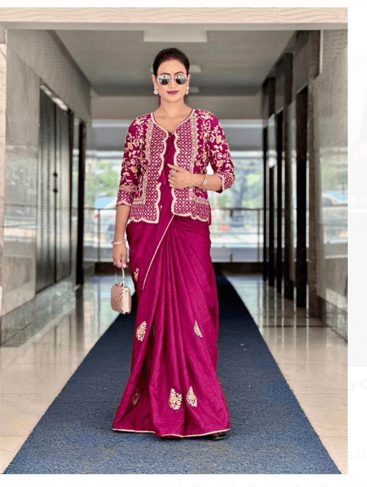 Elegant Pink Saree with Embroidered Jacket & Unstitched Blouse - BONYHUBSAREE