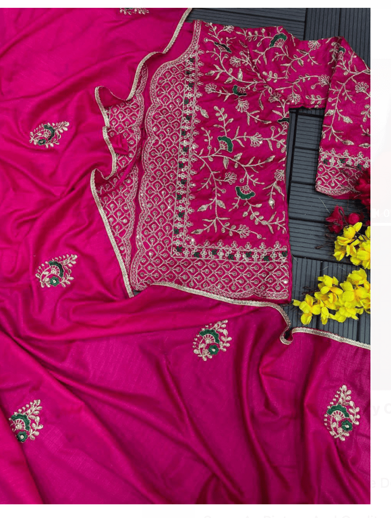 Elegant Pink Saree with Embroidered Jacket & Unstitched Blouse - BONYHUBSAREE