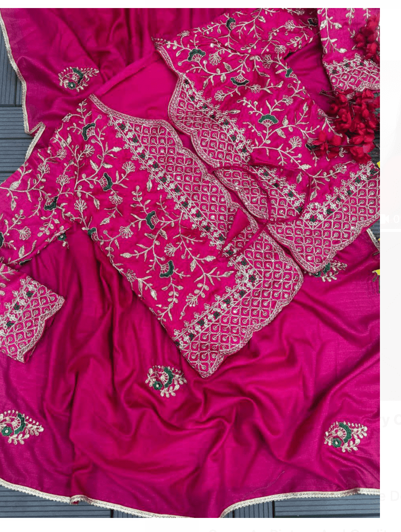 Elegant Pink Saree with Embroidered Jacket & Unstitched Blouse - BONYHUBSAREE
