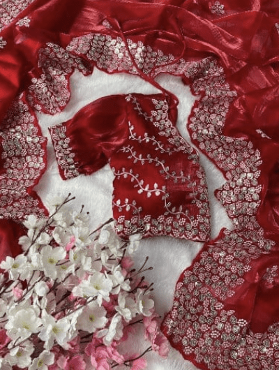 Red 1 Min Organza Silk Readymade Saree & Blouse UK Next Day - BONYHUBSAREE