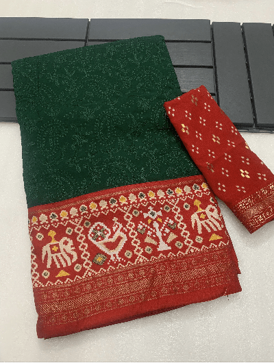 Green Patola Lucknowi Georgette Red Border saree UK Next Day - BONYHUBSAREE