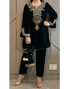 Black Heavy Embroidered Velvet Full Sleeves Kurti Pant Set - BONYHUBSALWAR KAMEEZ