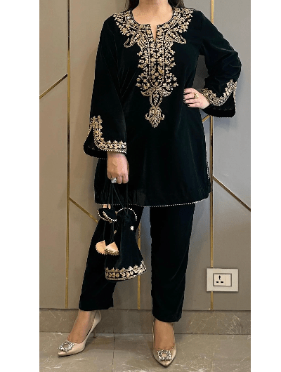 Black Heavy Embroidered Velvet Full Sleeves Kurti Pant Set - BONYHUBSALWAR KAMEEZ
