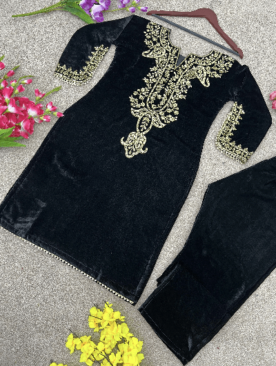 Black Heavy Embroidered Velvet Full Sleeves Kurti Pant Set - BONYHUBSALWAR KAMEEZ