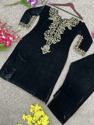 Black Heavy Embroidered Velvet Full Sleeves Kurti Pant Set - BONYHUBSALWAR KAMEEZ