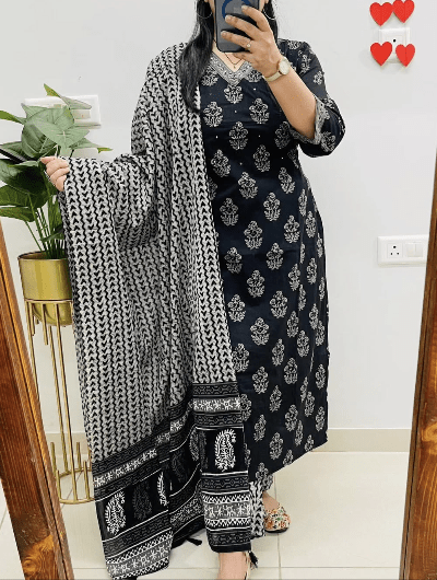 Black & White Straight Salwar Suit Set - BONYHUBSALWAR KAMEEZ