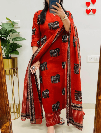 Red Cotton Elephant Straight Salwar Suit Set - BONYHUBSALWAR KAMEEZ