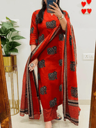 Red Cotton Elephant Straight Salwar Suit Set - BONYHUBSALWAR KAMEEZ