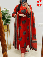 Red Cotton Elephant Straight Salwar Suit Set - BONYHUBSALWAR KAMEEZ