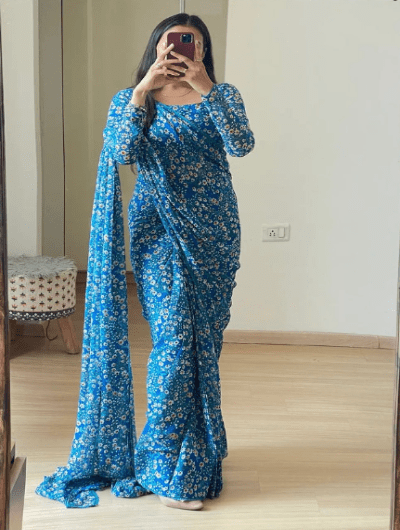1 Min Blue Floral Georgette Stitched Readymade Saree - BONYHUBSAREE
