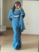 1 Min Blue Floral Georgette Stitched Readymade Saree - BONYHUBSAREE