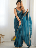 Teal Blue Crush Readymade Saree FREE Stitched Blouse - BONYHUBSAREE