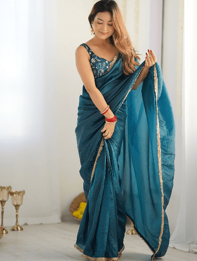 Teal Blue Crush Readymade Saree FREE Stitched Blouse - BONYHUBSAREE
