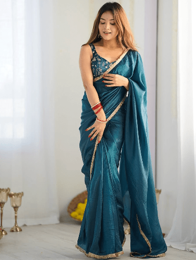 Teal Blue Crush Readymade Saree FREE Stitched Blouse - BONYHUBSAREE
