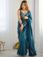 Teal Blue Crush Readymade Saree FREE Stitched Blouse - BONYHUBSAREE