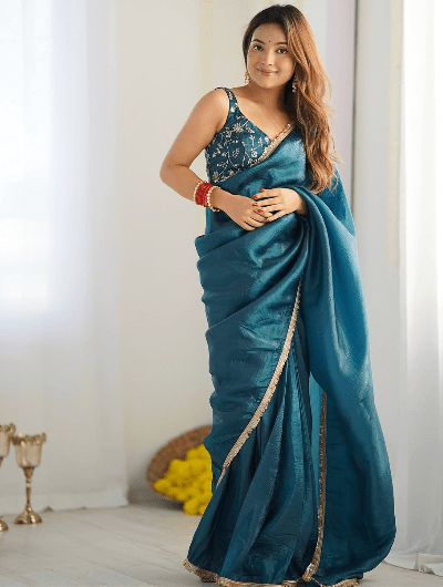 Teal Blue Crush Readymade Saree FREE Stitched Blouse - BONYHUBSAREE