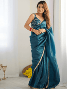 Teal Blue Crush Readymade Saree FREE Stitched Blouse - BONYHUBSAREE
