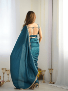 Teal Blue Crush Readymade Saree FREE Stitched Blouse - BONYHUBSAREE