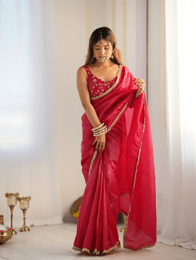 Red Crush Readymade Saree FREE Stitched Blouse - BONYHUBSAREE