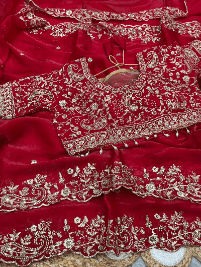 Red Silk Sari Free Stitched Blouse - BONYHUBSAREE