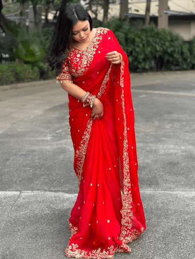 Red Silk Sari Free Stitched Blouse - BONYHUBSAREE