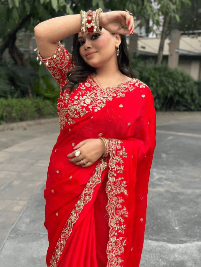 Red Silk Sari Free Stitched Blouse - BONYHUBSAREE