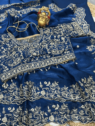 TealBlue Silk Sari Free Stitched Blouse - BONYHUBSAREE