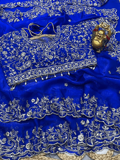 Royal blue Silk Sari Free Stitched Blouse - BONYHUBSAREE