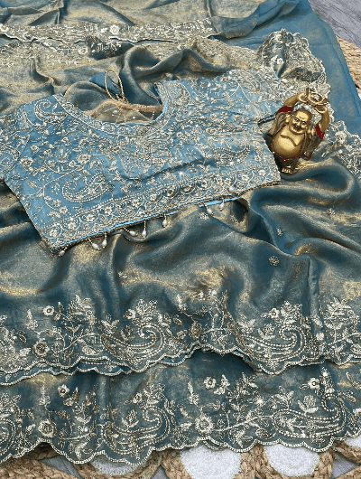 Seagreen Silk Sari Free Stitched Blouse - BONYHUBSAREE